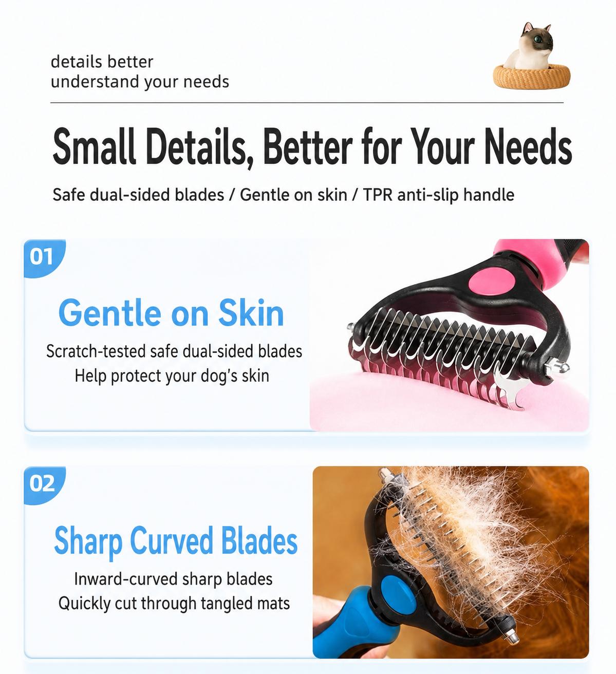 Pet Dematting Comb for Dogs & Cats – Stainless Steel Deshedding Grooming Brush with Anti-Slip Handle